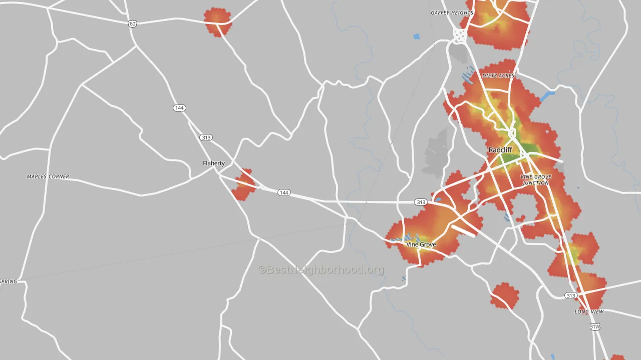 Walk Grade map of 40175, KY, walkable areas in green and car-dependent areas in red