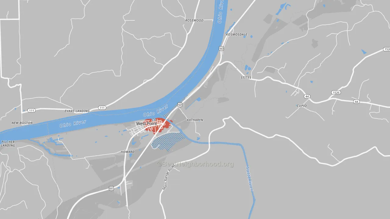 Walk Grade map of 40177, KY, walkable areas in green and car-dependent areas in red