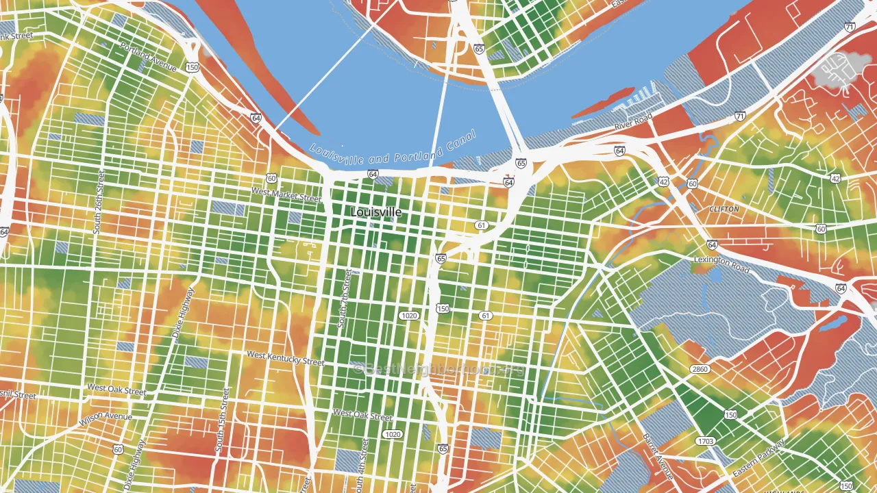 Walk Grade map of 40202, KY, walkable areas in green and car-dependent areas in red