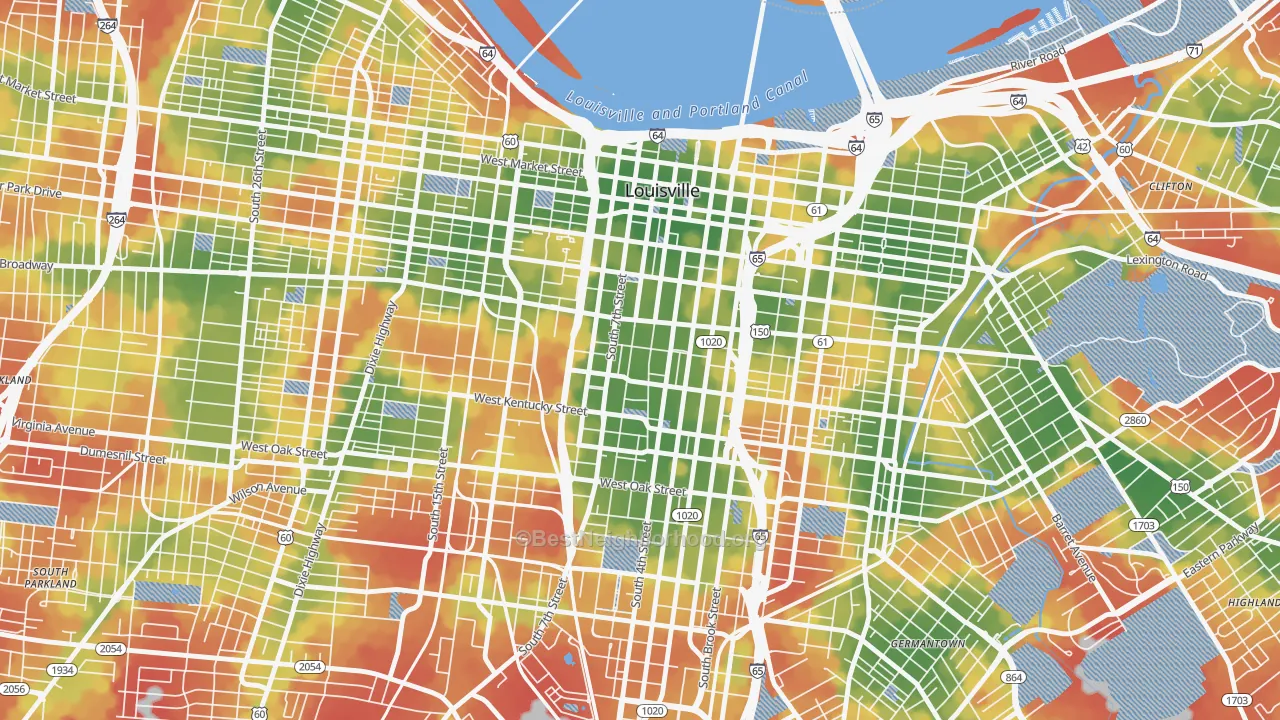 Walk Grade map of 40203, KY, walkable areas in green and car-dependent areas in red
