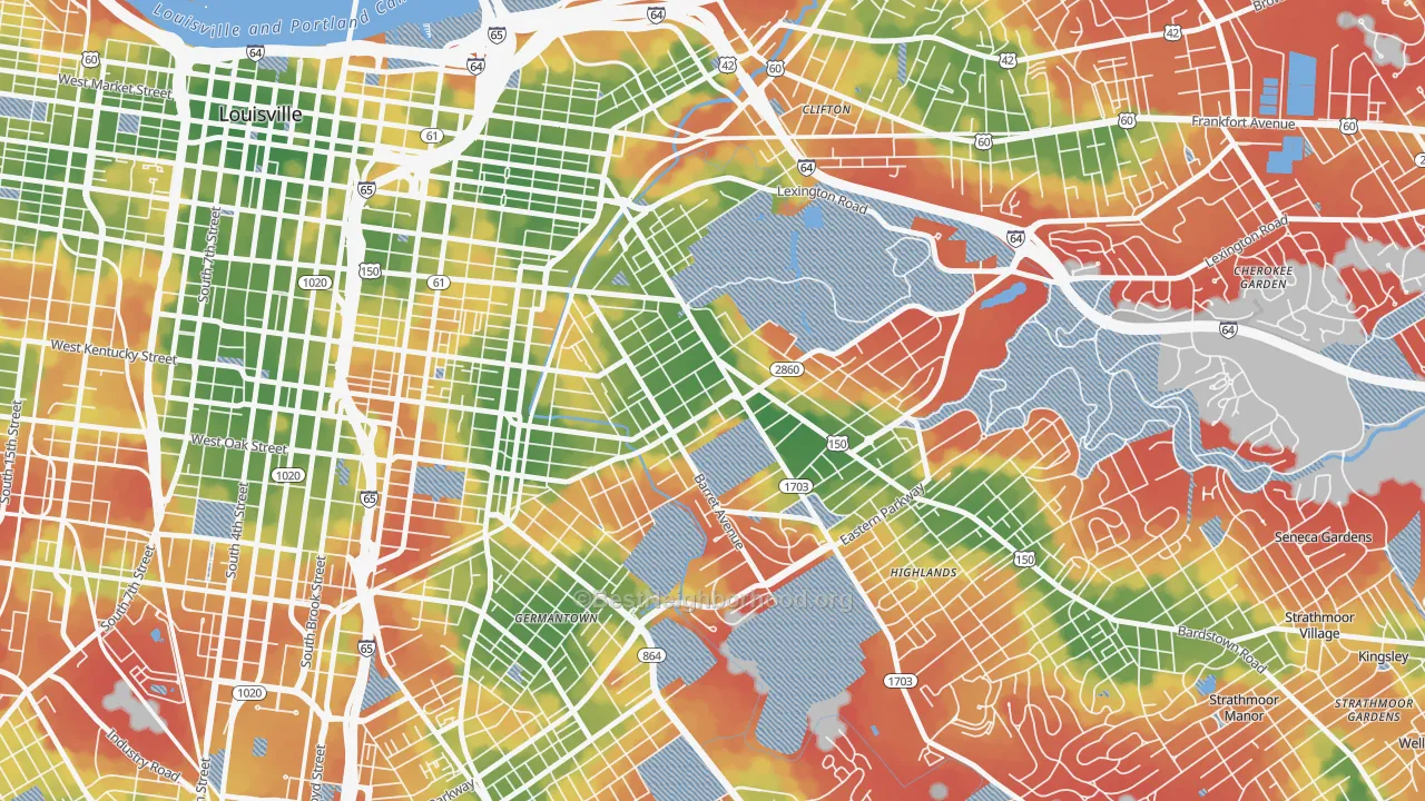 Walk Grade map of 40204, KY, walkable areas in green and car-dependent areas in red