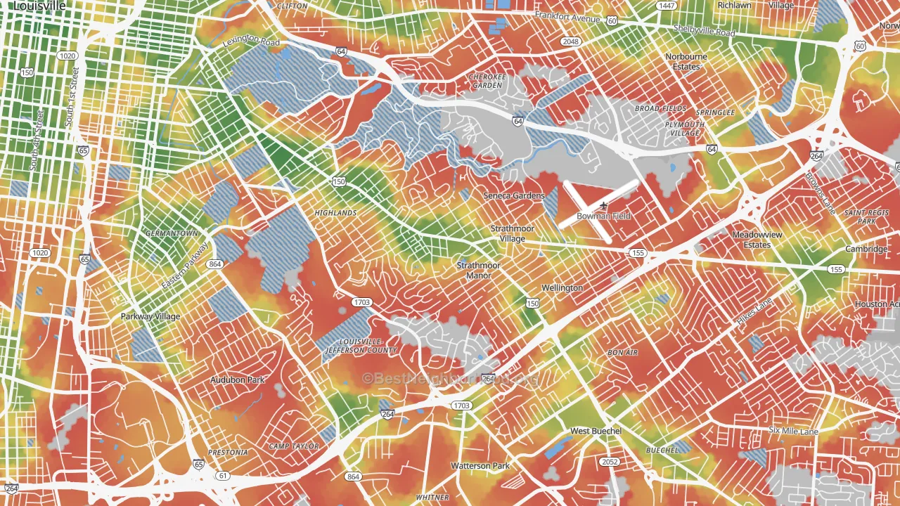 Walk Grade map of 40205, KY, walkable areas in green and car-dependent areas in red