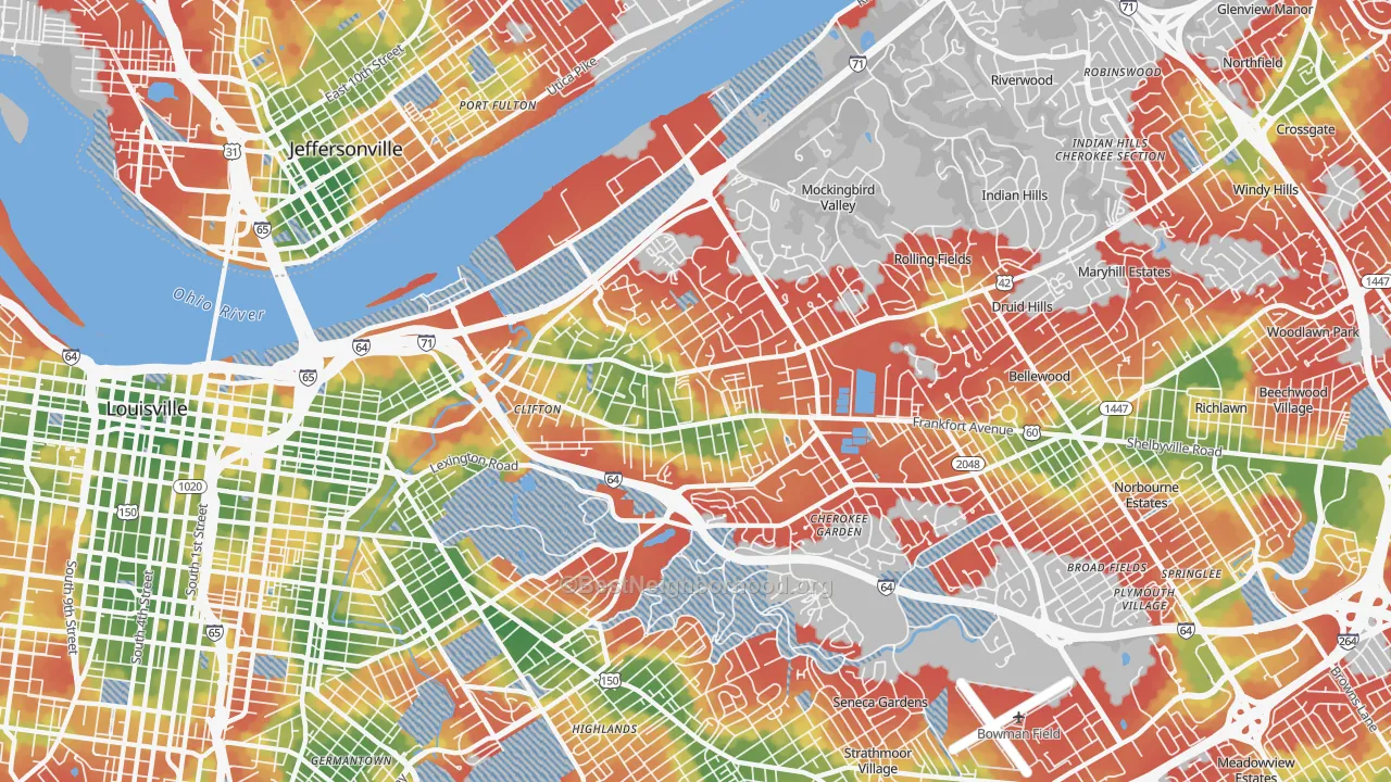 Walk Grade map of 40206, KY, walkable areas in green and car-dependent areas in red