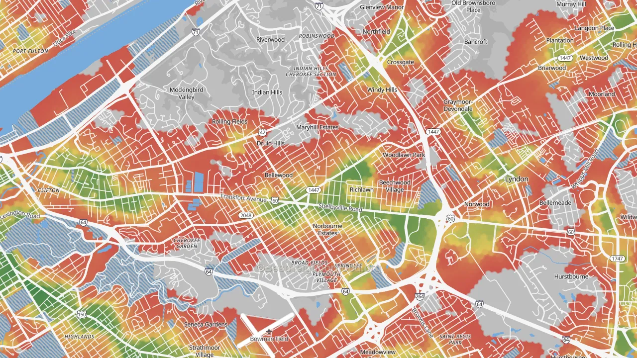 Walk Grade map of 40207, KY, walkable areas in green and car-dependent areas in red