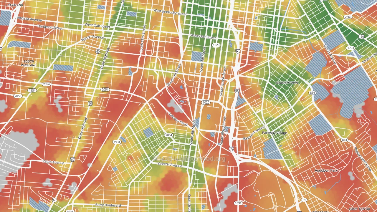Walk Grade map of 40208, KY, walkable areas in green and car-dependent areas in red