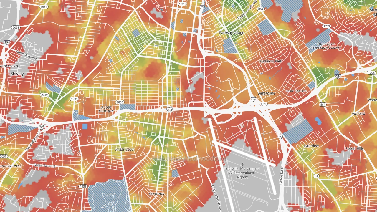 Walk Grade map of 40209, KY, walkable areas in green and car-dependent areas in red