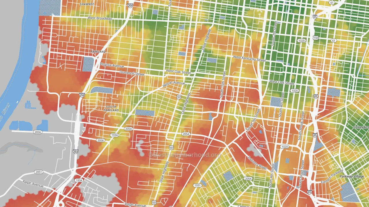 Walk Grade map of 40210, KY, walkable areas in green and car-dependent areas in red