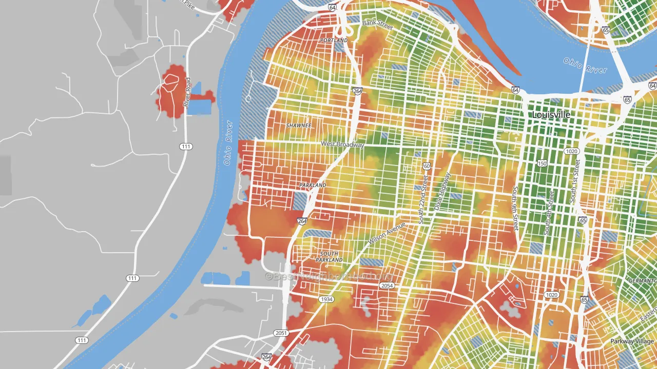 Walk Grade map of 40211, KY, walkable areas in green and car-dependent areas in red