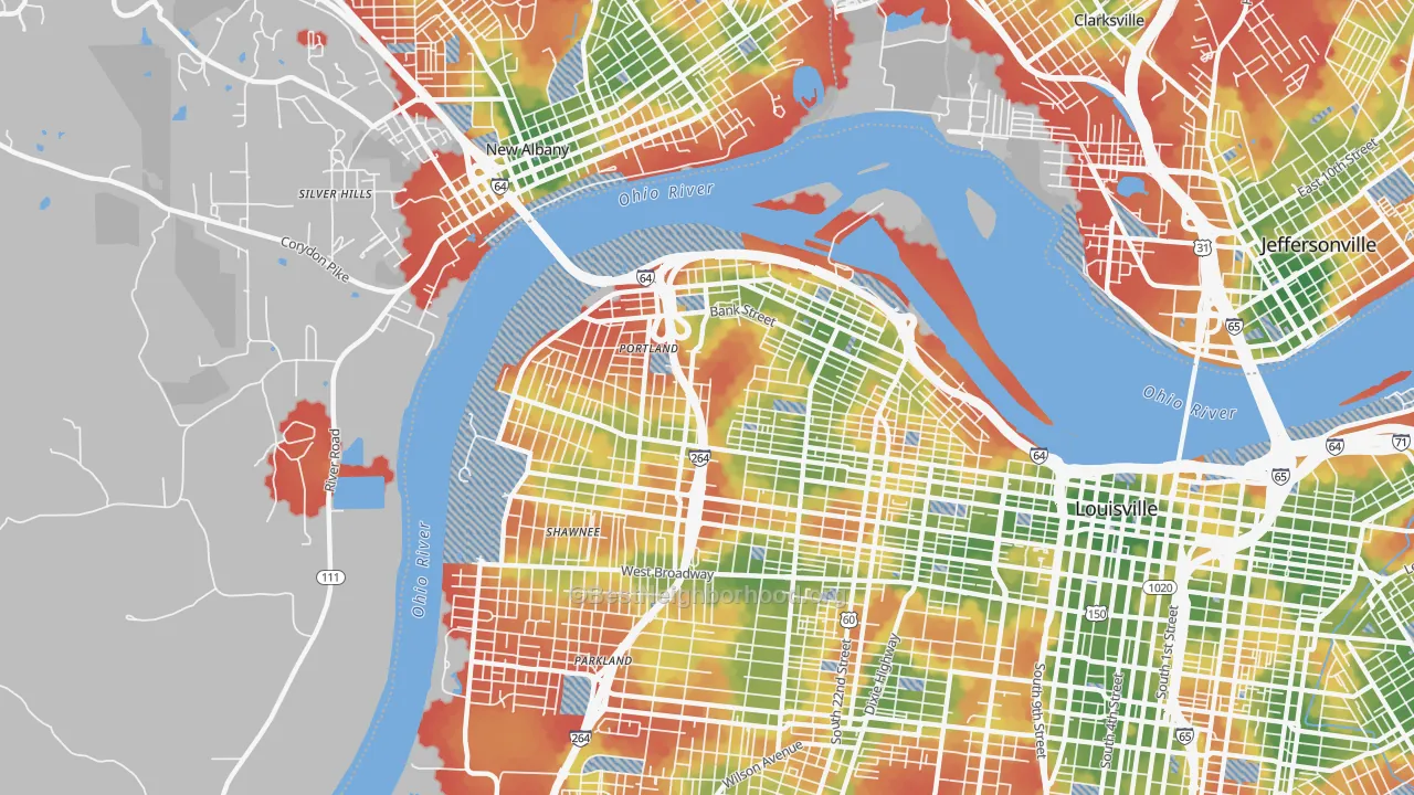 Walk Grade map of 40212, KY, walkable areas in green and car-dependent areas in red