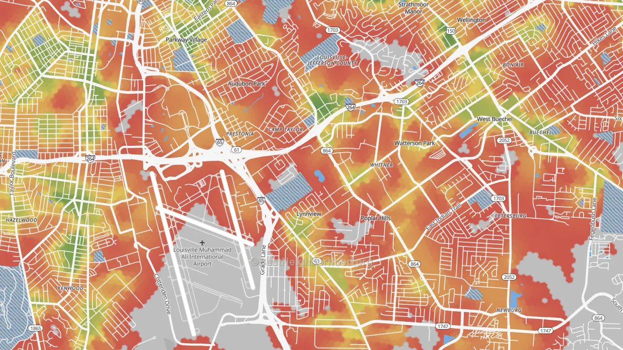 Walk Grade map of 40213, KY, walkable areas in green and car-dependent areas in red