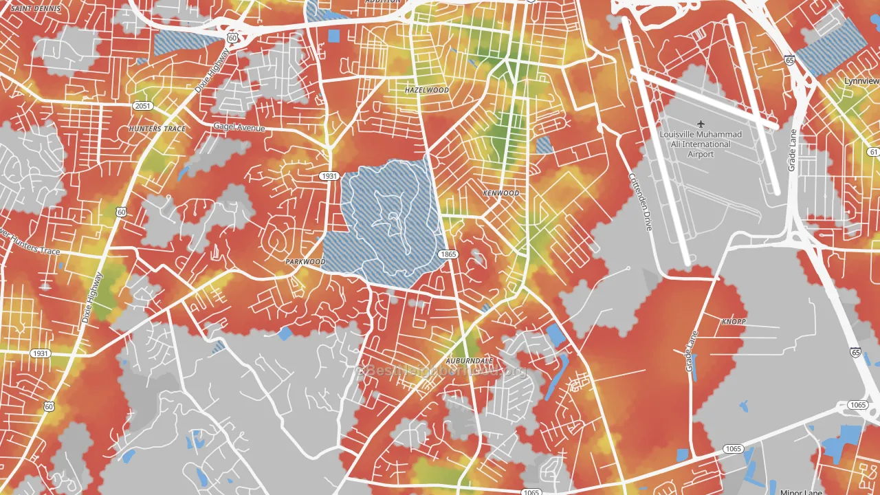Walk Grade map of 40214, KY, walkable areas in green and car-dependent areas in red