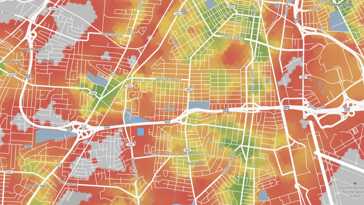 Walk Grade map of 40215, KY, walkable areas in green and car-dependent areas in red