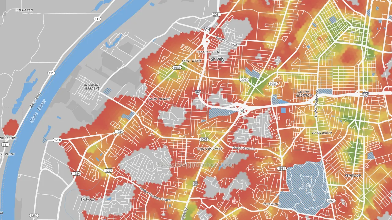 Walk Grade map of 40216, KY, walkable areas in green and car-dependent areas in red