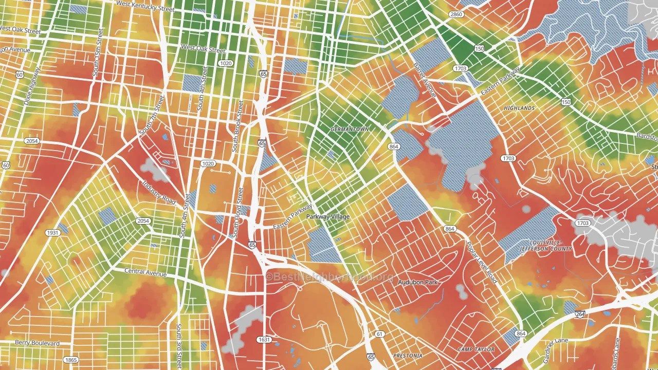 Walk Grade map of 40217, KY, walkable areas in green and car-dependent areas in red