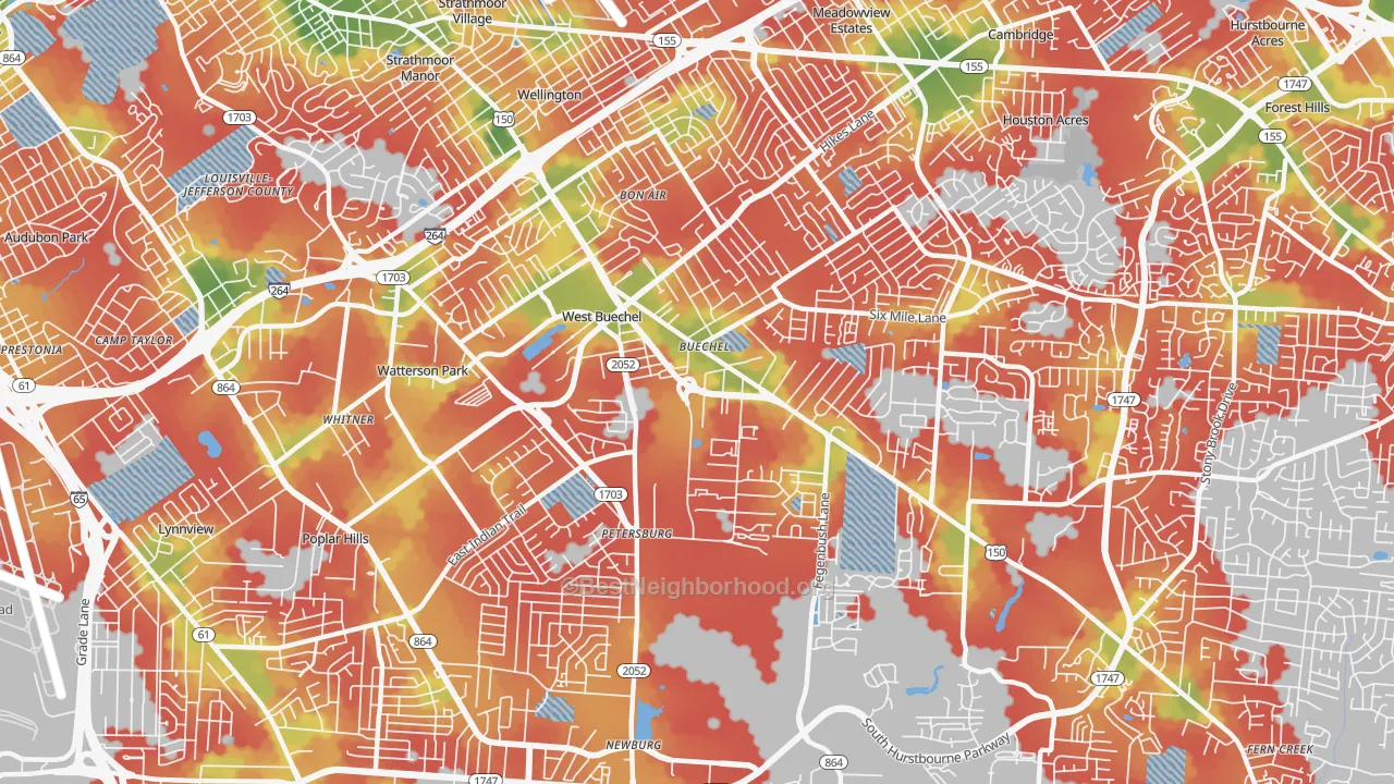 Walk Grade map of 40218, KY, walkable areas in green and car-dependent areas in red