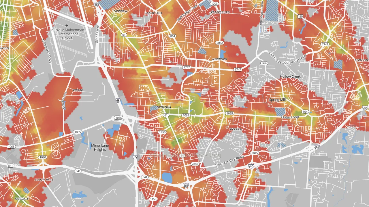 Walk Grade map of 40219, KY, walkable areas in green and car-dependent areas in red