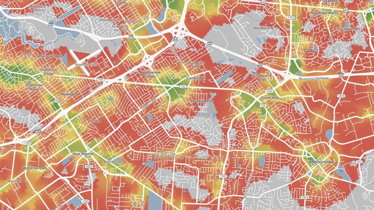 Walk Grade map of 40220, KY, walkable areas in green and car-dependent areas in red