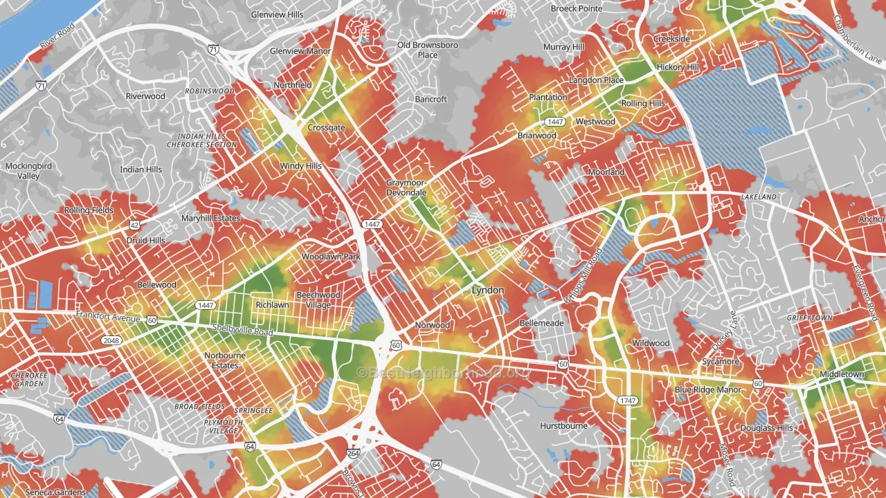 Walk Grade map of 40222, KY, walkable areas in green and car-dependent areas in red
