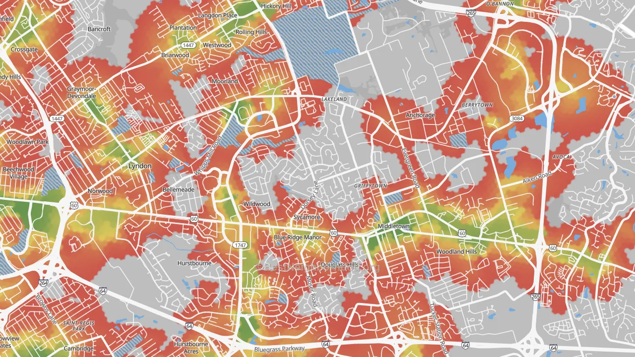 Walk Grade map of 40223, KY, walkable areas in green and car-dependent areas in red