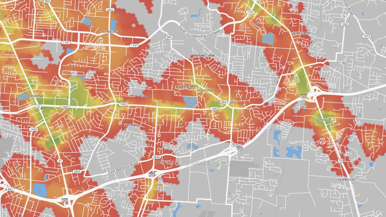 Walk Grade map of 40228, KY, walkable areas in green and car-dependent areas in red