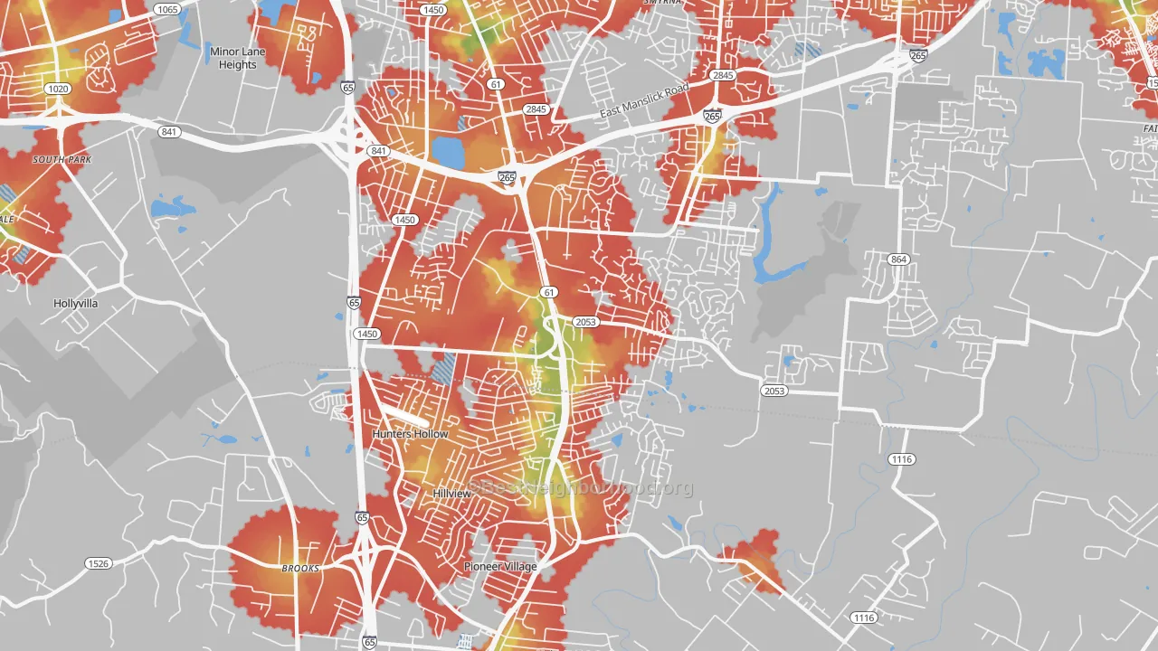 Walk Grade map of 40229, KY, walkable areas in green and car-dependent areas in red