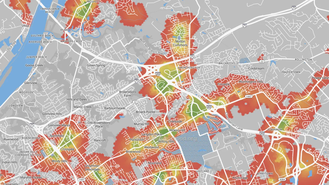 Walk Grade map of 40241, KY, walkable areas in green and car-dependent areas in red