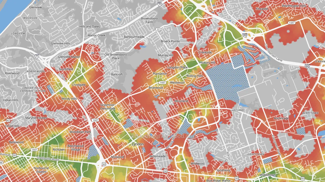 Walk Grade map of 40242, KY, walkable areas in green and car-dependent areas in red