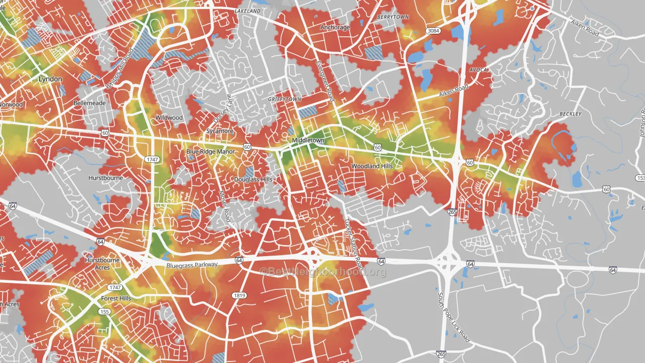 Walk Grade map of 40243, KY, walkable areas in green and car-dependent areas in red