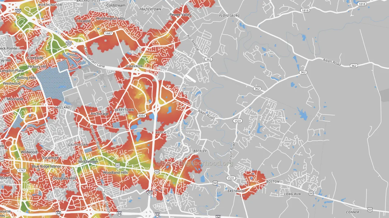 Walk Grade map of 40245, KY, walkable areas in green and car-dependent areas in red
