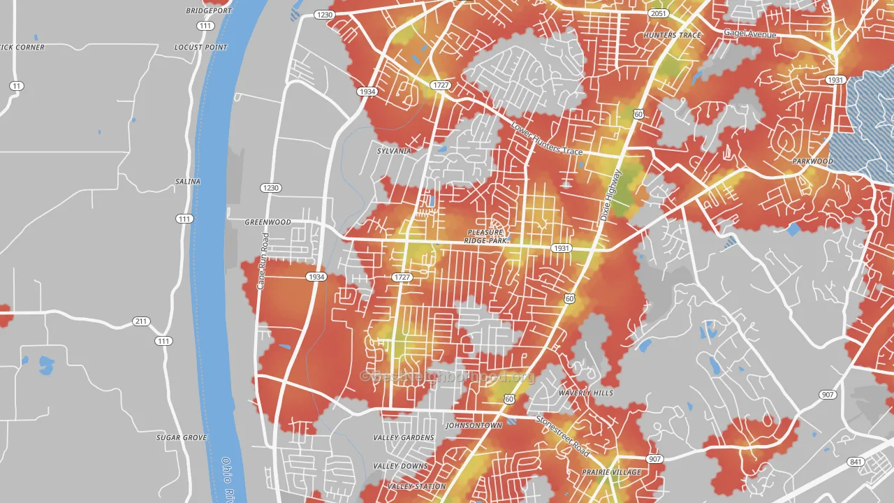 Walk Grade map of 40258, KY, walkable areas in green and car-dependent areas in red
