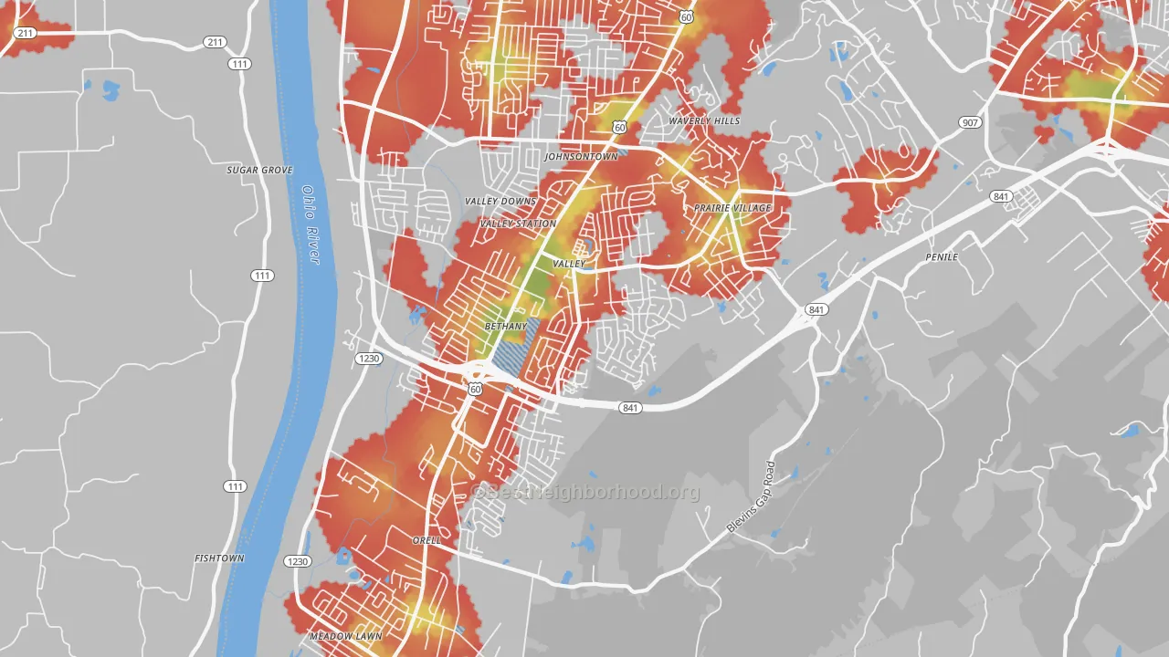 Walk Grade map of 40272, KY, walkable areas in green and car-dependent areas in red