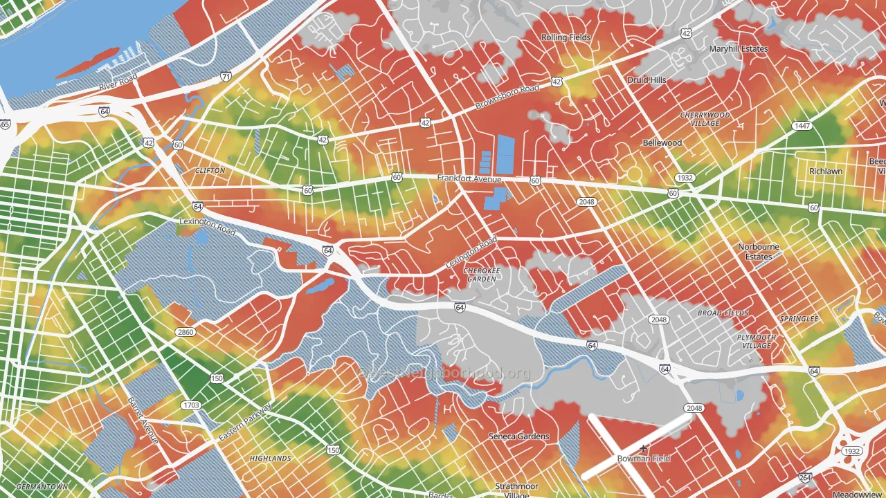 Walk Grade map of 40280, KY, walkable areas in green and car-dependent areas in red