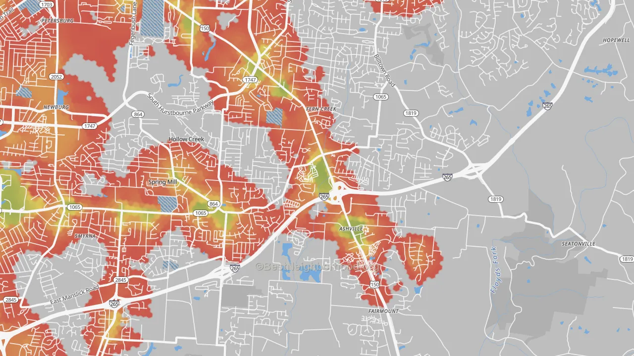 Walk Grade map of 40291, KY, walkable areas in green and car-dependent areas in red
