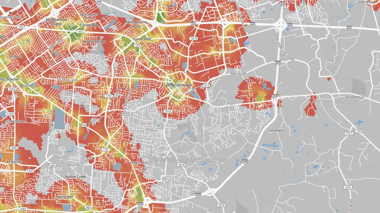 Walk Grade map of 40299, KY, walkable areas in green and car-dependent areas in red