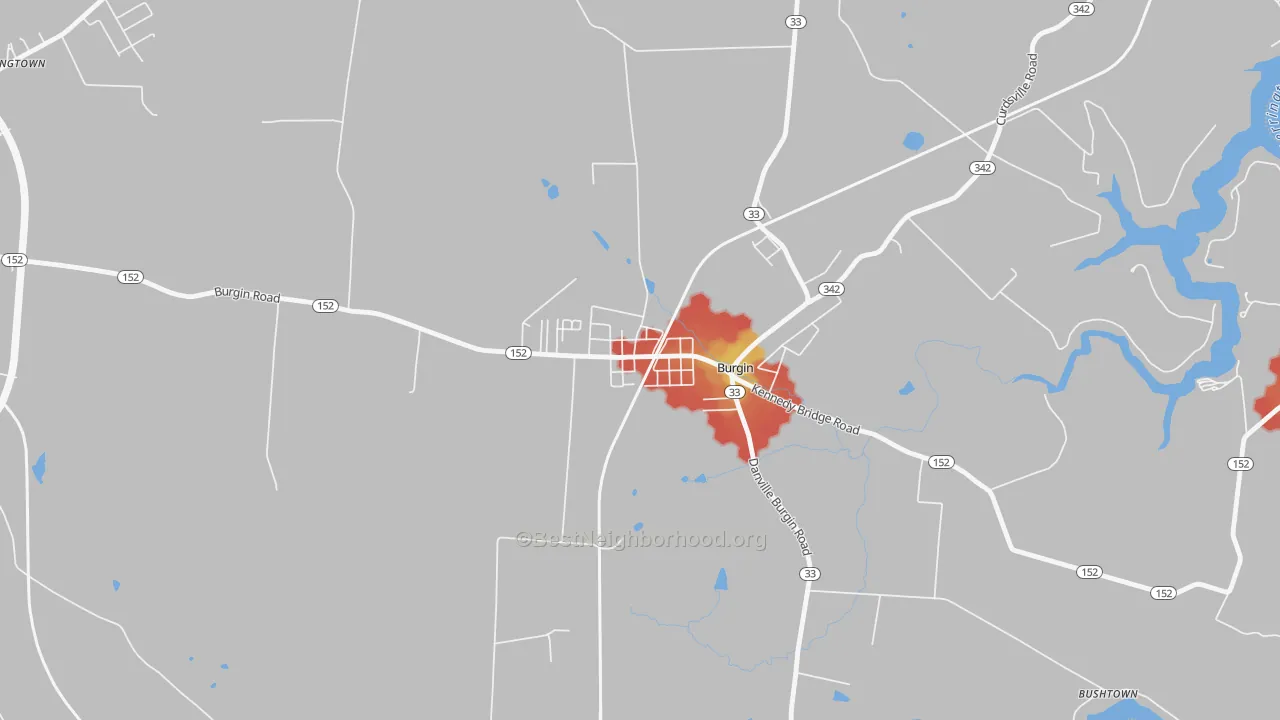 Walk Grade map of 40310, KY, walkable areas in green and car-dependent areas in red