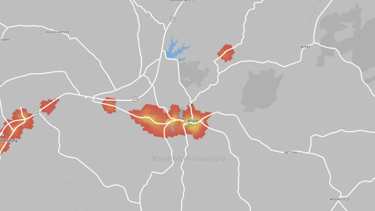 Walk Grade map of 40311, KY, walkable areas in green and car-dependent areas in red