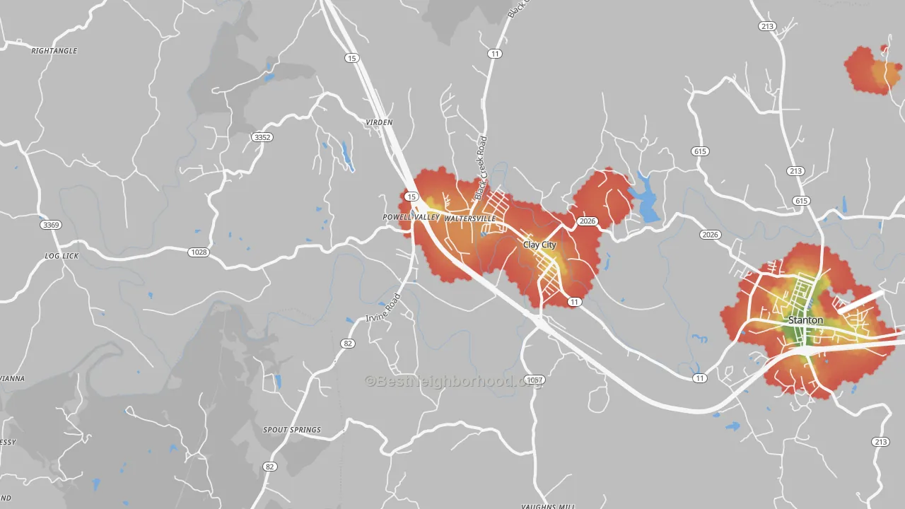 Walk Grade map of 40312, KY, walkable areas in green and car-dependent areas in red