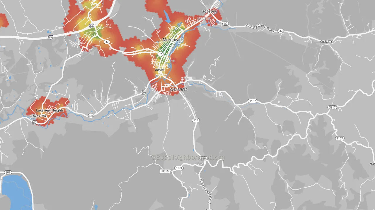 Walk Grade map of 40313, KY, walkable areas in green and car-dependent areas in red