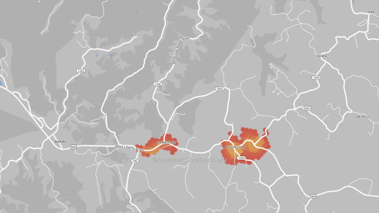 Walk Grade map of 40316, KY, walkable areas in green and car-dependent areas in red