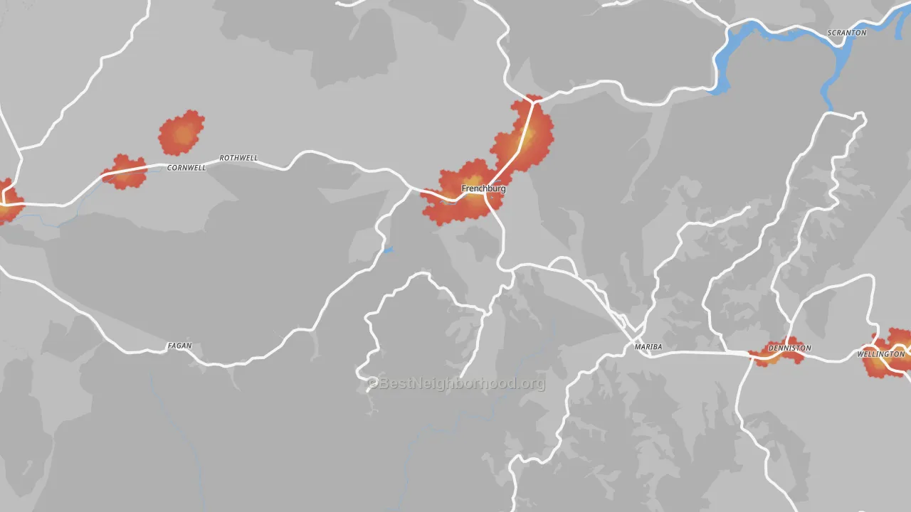 Walk Grade map of 40322, KY, walkable areas in green and car-dependent areas in red