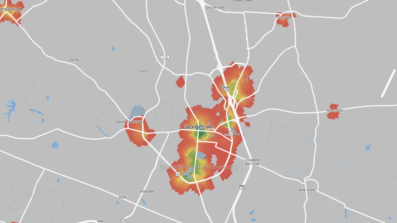 Walk Grade map of 40324, KY, walkable areas in green and car-dependent areas in red