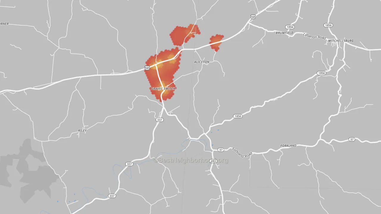 Walk Grade map of 40328, KY, walkable areas in green and car-dependent areas in red