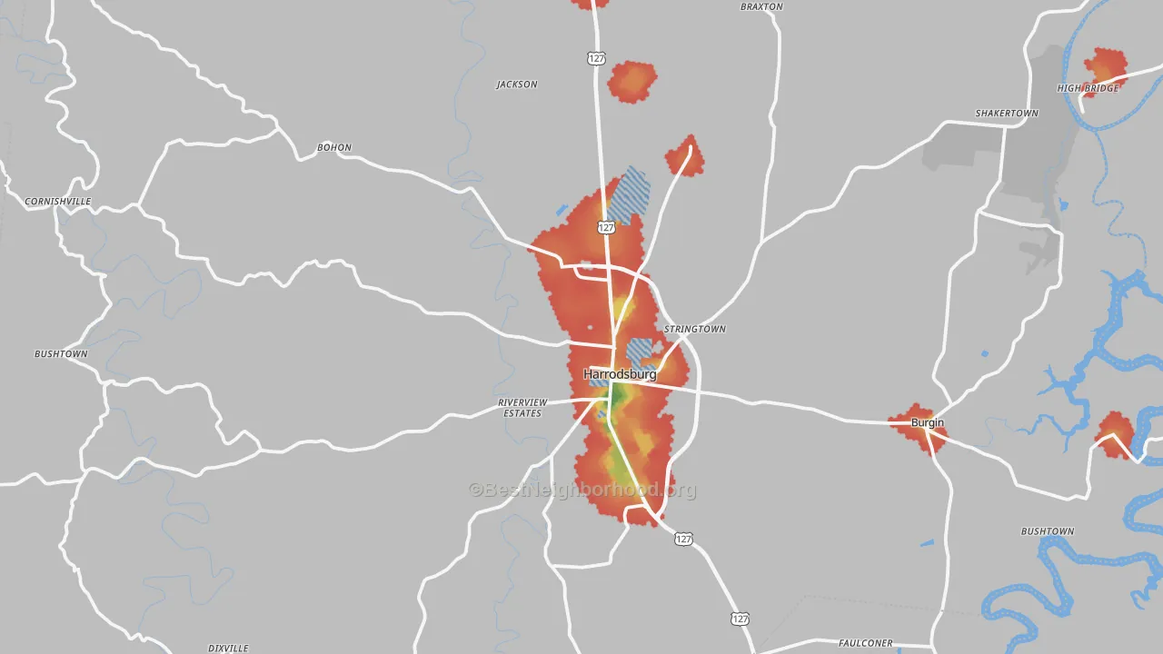 Walk Grade map of 40330, KY, walkable areas in green and car-dependent areas in red