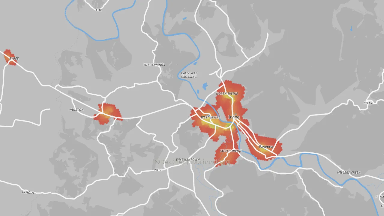 Walk Grade map of 40336, KY, walkable areas in green and car-dependent areas in red