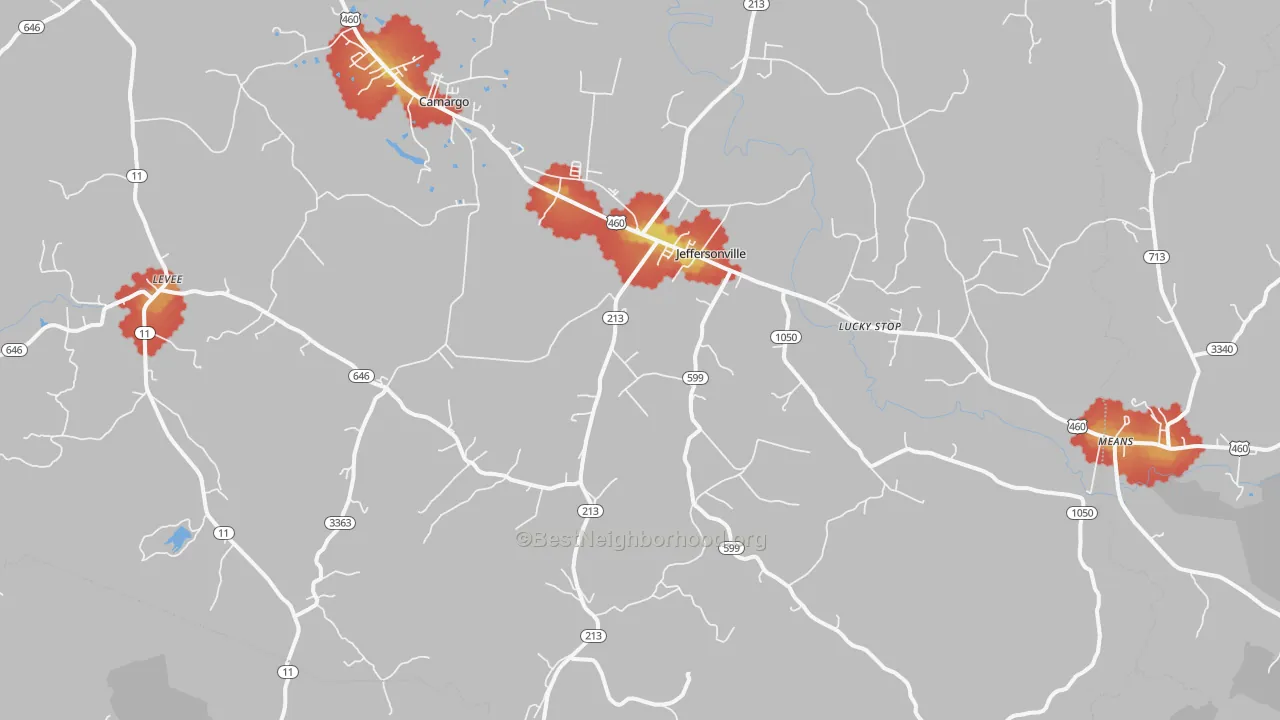 Walk Grade map of 40337, KY, walkable areas in green and car-dependent areas in red