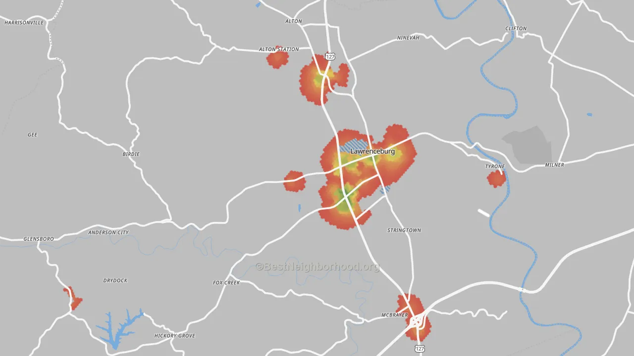 Walk Grade map of 40342, KY, walkable areas in green and car-dependent areas in red