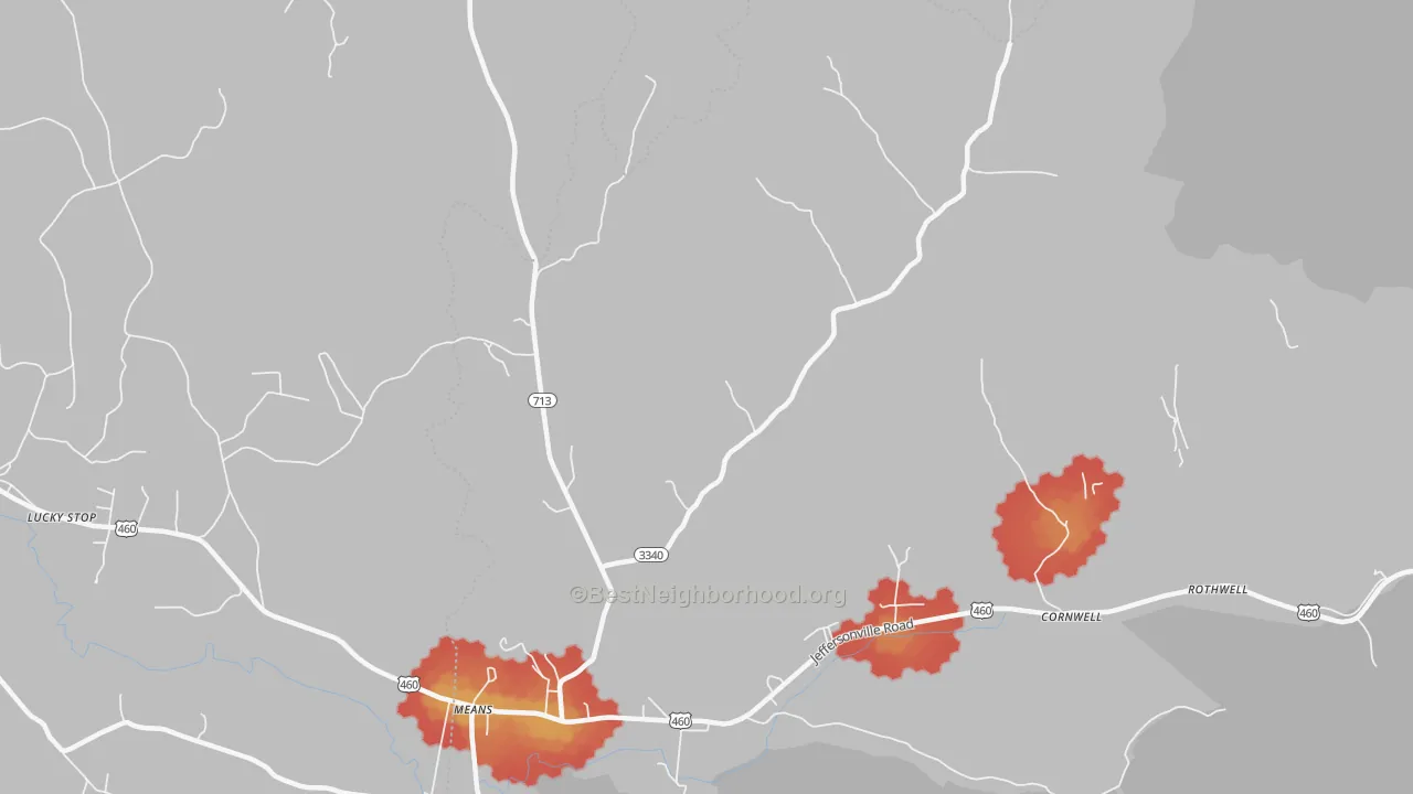 Walk Grade map of 40346, KY, walkable areas in green and car-dependent areas in red