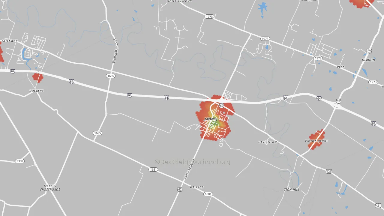 Walk Grade map of 40347, KY, walkable areas in green and car-dependent areas in red