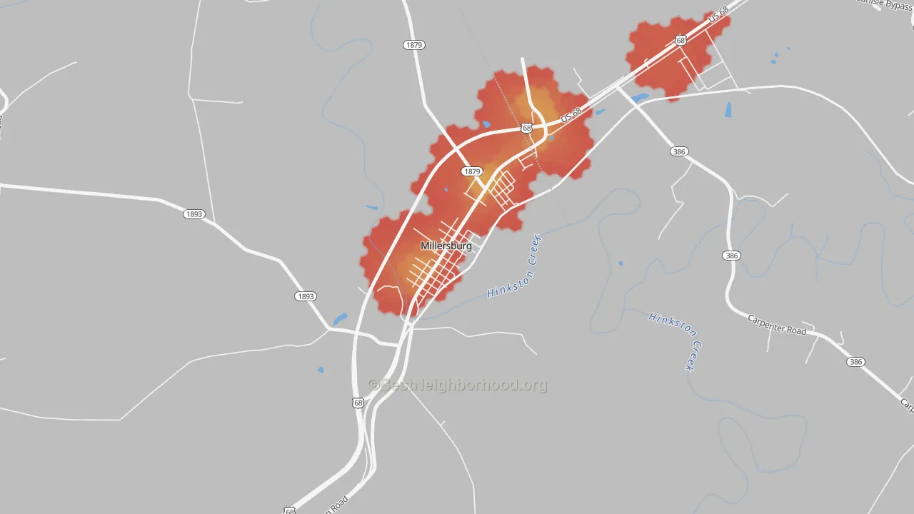 Walk Grade map of 40348, KY, walkable areas in green and car-dependent areas in red