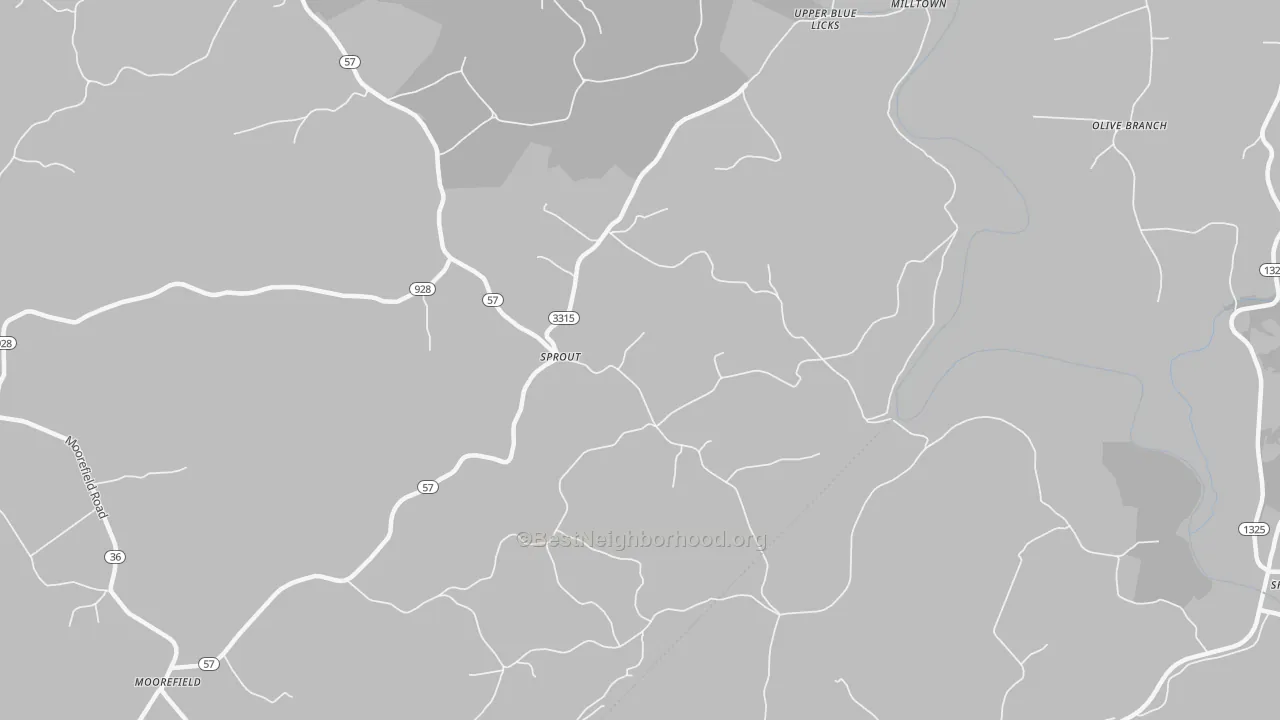 Walk Grade map of 40350, KY, walkable areas in green and car-dependent areas in red